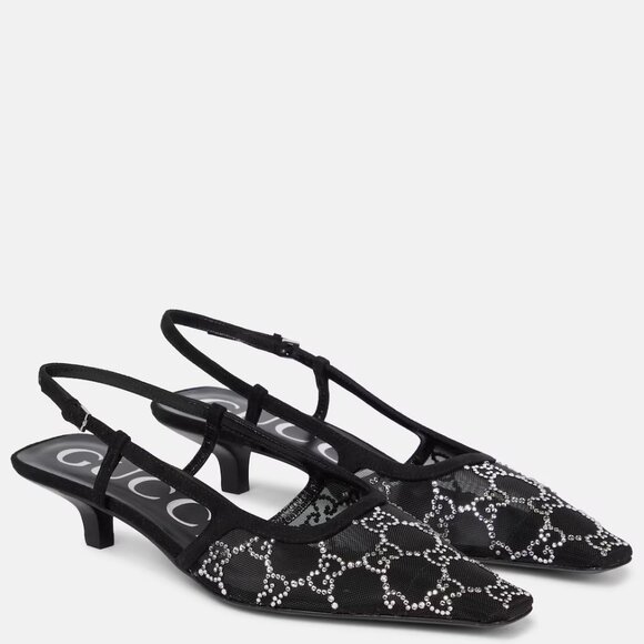 Gucci Crystal-Embellished GG Pointed Toe Slingback Sandals Black 36 (6) - Picture 2 of 16